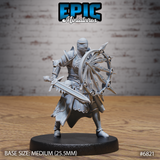 Armoured knight in plate over chainmail, serrated sword levelled and spiked eye-covered shield raised in a guarded stance. Sculpt by Epic Miniatures.