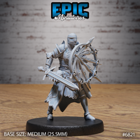 Armoured knight in plate over chainmail, serrated sword levelled and spiked eye-covered shield raised in a guarded stance. Sculpt by Epic Miniatures.