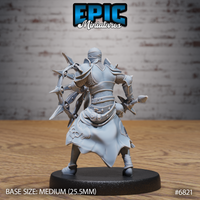 All Seeing Knight Guard armoured miniature by Epic Miniatures, wearing plate armour with chainmail coif and carrying a large spiked shield decorated with eye motifs.
