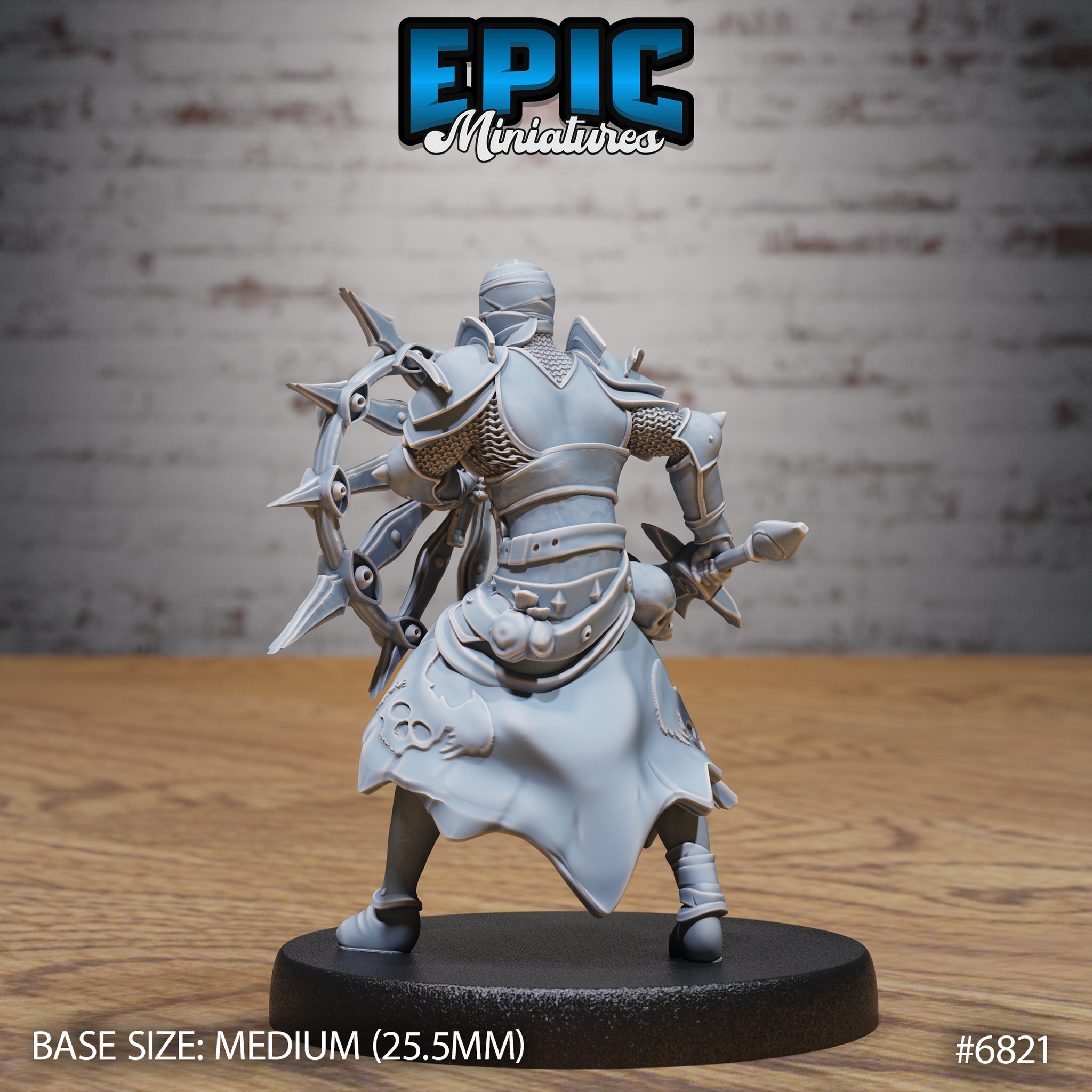 All Seeing Knight Guard armoured miniature by Epic Miniatures, wearing plate armour with chainmail coif and carrying a large spiked shield decorated with eye motifs.