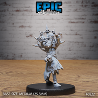 Armoured knight in mid-swing pose raising a mace, wearing a torn skull-emblazoned tabard, with a large spiked wheel bearing multiple open eyes replacing the helmet entirely. Sculpt by Epic Miniatures.