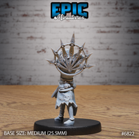 Armoured knight standing upright, showing the full radial spread of the spiked eye-wheel from behind — spokes fanning outward like a dark halo, each joint set with a detailed open eye-socket. Sculpt by Epic Miniatures.
