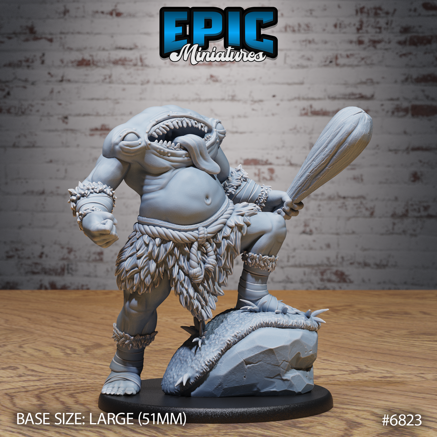 Headless Blemmyes monstrosity with a gaping toothed mouth in its chest, raising a thick wooden club, wearing a feathered hide skirt and rope bindings, one foot on a rocky scenic base. Sculpt by Epic Miniatures.