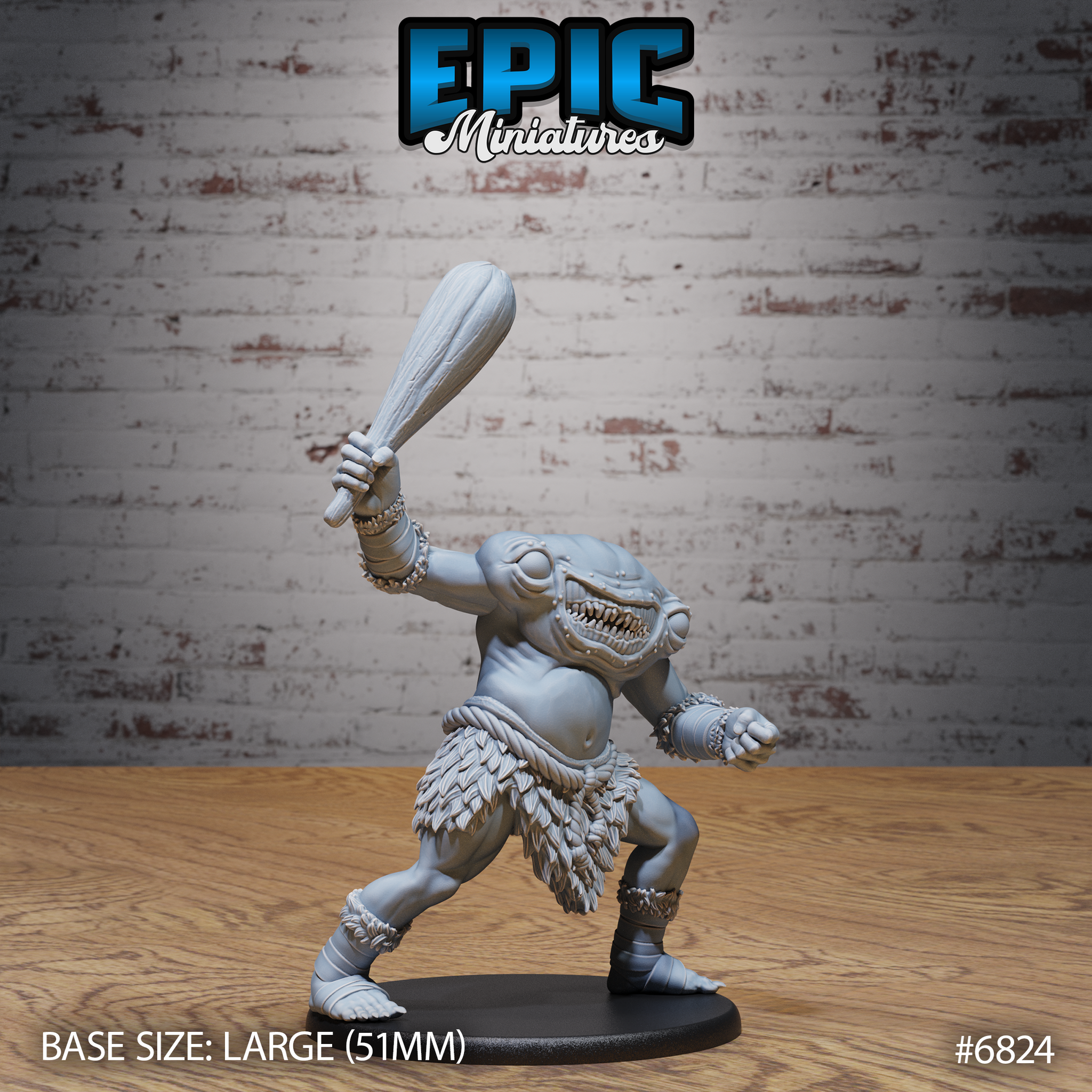 Headless brute miniature with face across chest, raising a wooden club overhead in a wide aggressive stance, wearing a feathered skirt and wrist bindings. Sculpt by Epic Miniatures.