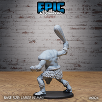 Headless brute miniature seen from behind, club raised high overhead, broad muscular back visible, wearing a layered feathered skirt and rope belt. Sculpt by Epic Miniatures.