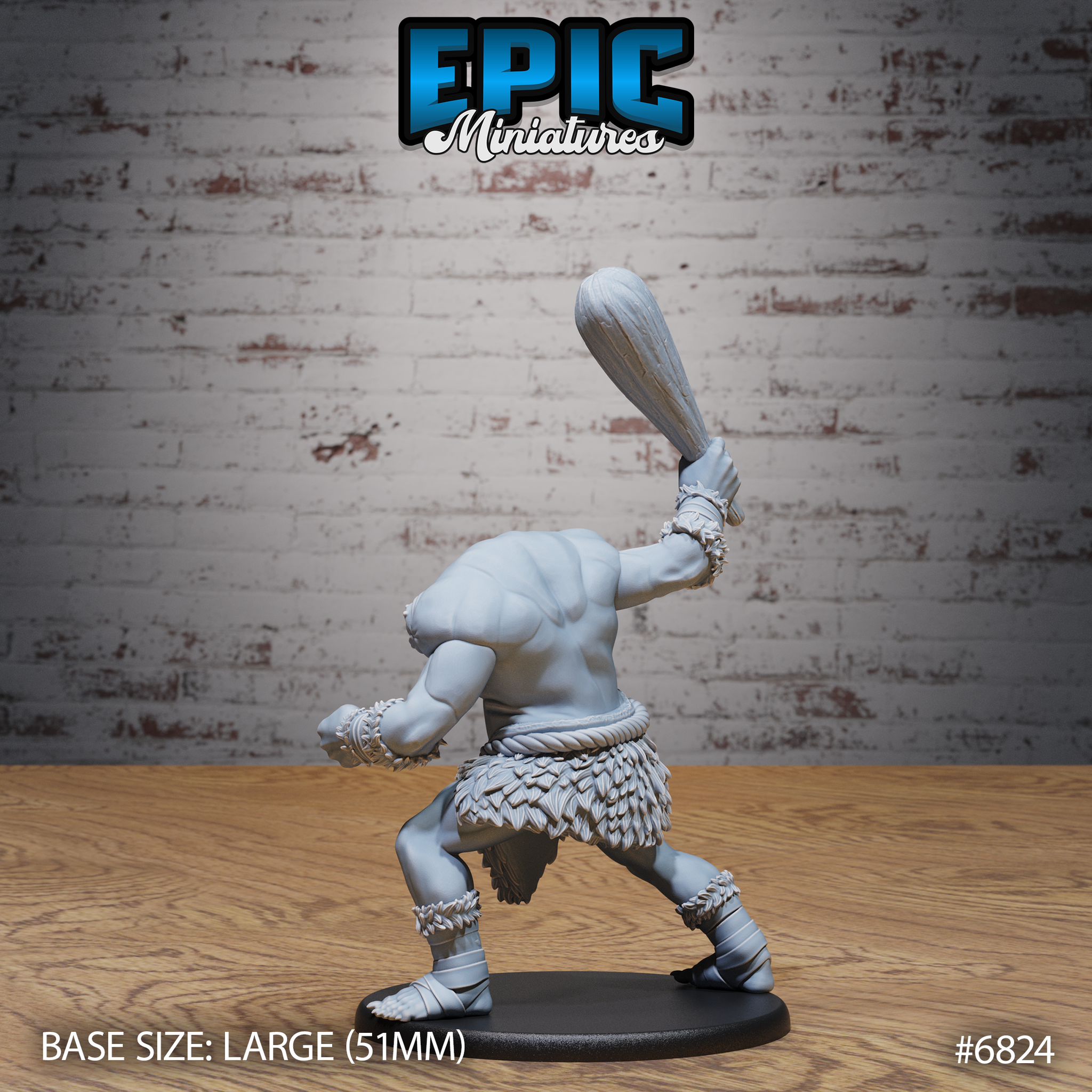 Headless brute miniature seen from behind, club raised high overhead, broad muscular back visible, wearing a layered feathered skirt and rope belt. Sculpt by Epic Miniatures.