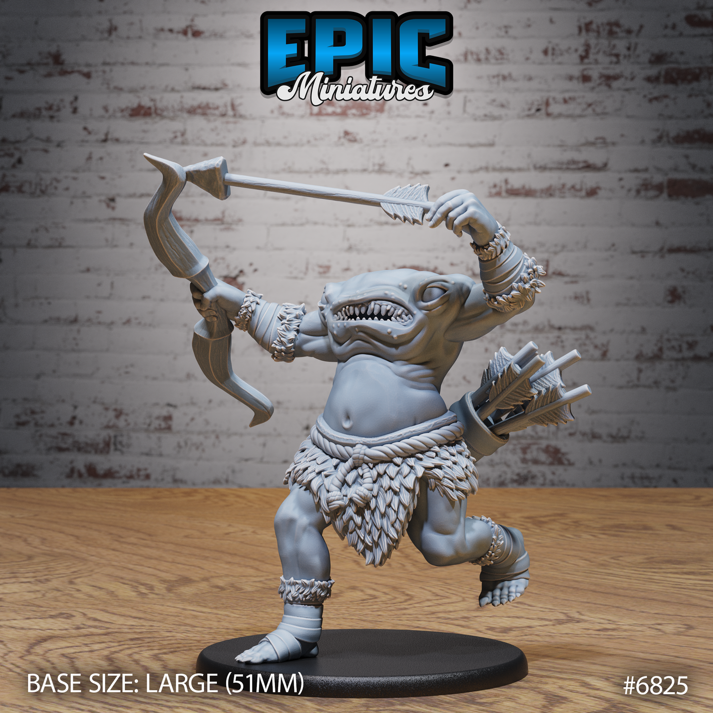 Blemmyes archer by Epic Miniatures — muscular headless humanoid with a face set in its chest, nocking a barbed arrow at full draw, wearing a feathered hide skirt and rope-wrapped wrists, one leg raised mid-stride.