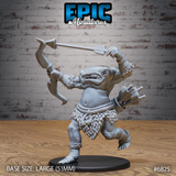 Blemmyes archer by Epic Miniatures — muscular headless humanoid with a face set in its chest, nocking a barbed arrow at full draw, wearing a feathered hide skirt and rope-wrapped wrists, one leg raised mid-stride.
