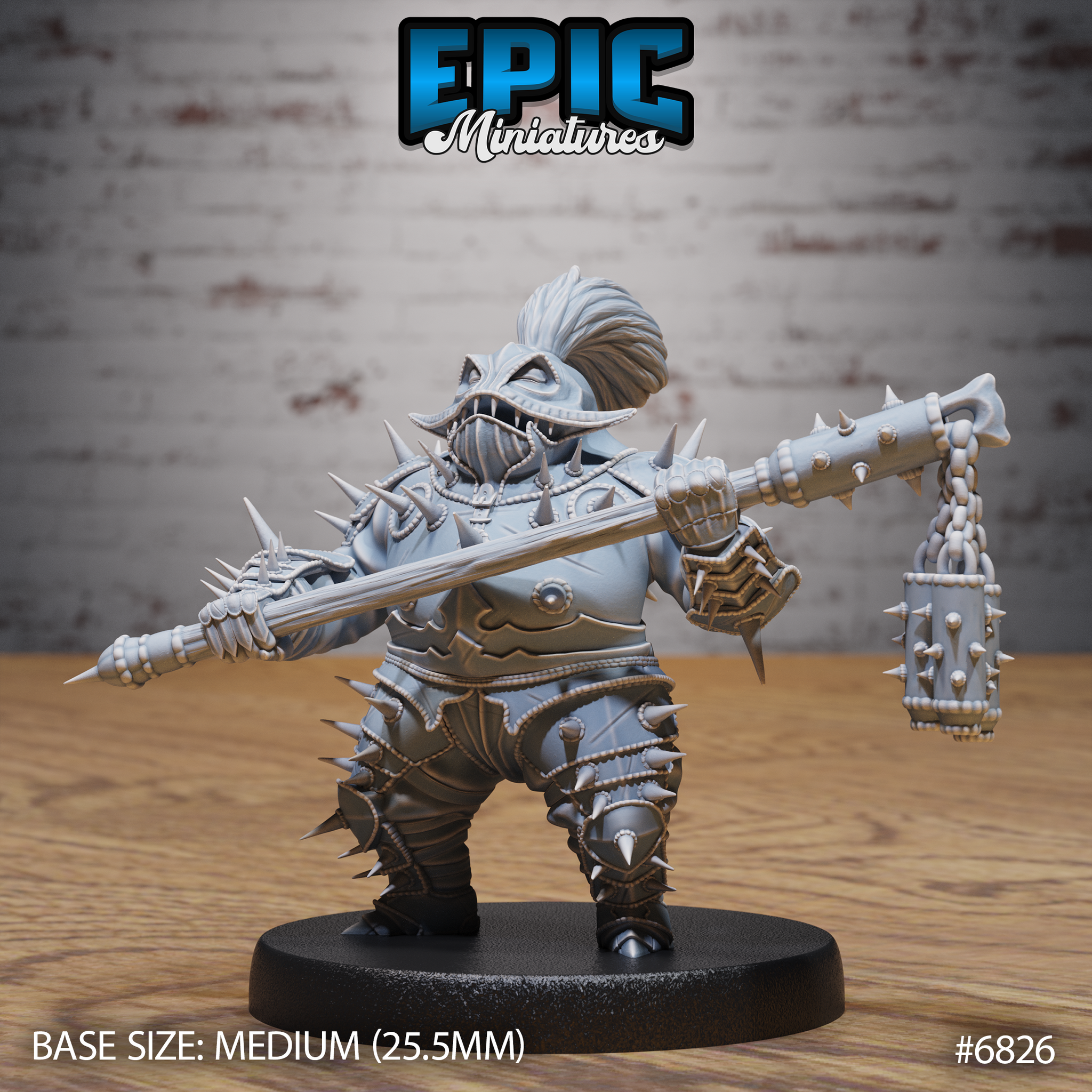 Squat spiked-armour goblinoid gripping a barbed staff and spiked chain flail, wearing a spiked collar and grinning wide with fangs bared. Sculpt by Epic Miniatures.