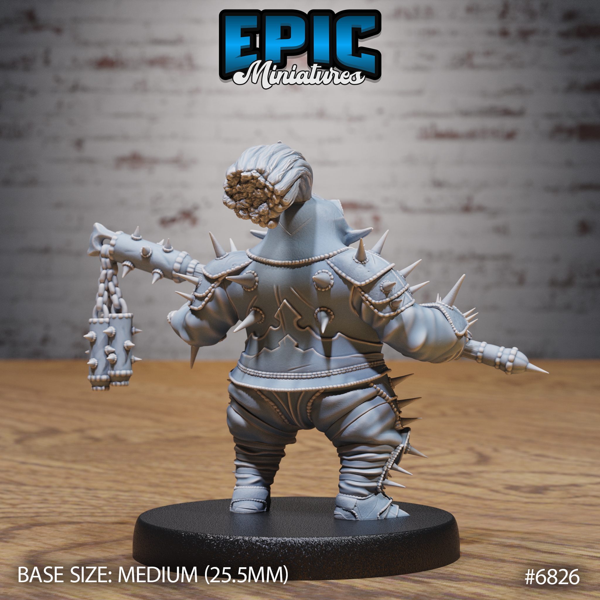 Rear view of the same spiked goblinoid figure, showing overlapping back armour plates studded with spikes, knotted hair bun, and chain flail hanging from the right hand. Sculpt by Epic Miniatures.