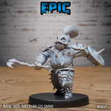 Heavily armoured stocky warrior striding forward, wielding a hooked weapon in one hand and raising a spiked shield arm, wearing full spike-studded plate with a plumed helmet and grinning visor. Sculpt by Epic Miniatures.