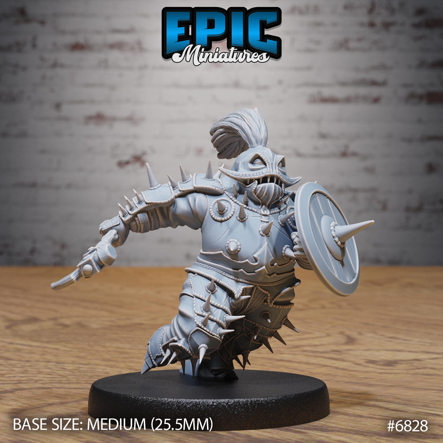 Broad-shouldered spiked warrior in a charging lunge, shield arm raised and free arm trailing back, wearing heavily studded plate armour with a topknot, fang-bared grimace. Sculpt by Epic Miniatures.