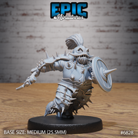 Broad-shouldered spiked warrior in a charging lunge, shield arm raised and free arm trailing back, wearing heavily studded plate armour with a topknot, fang-bared grimace. Sculpt by Epic Miniatures.