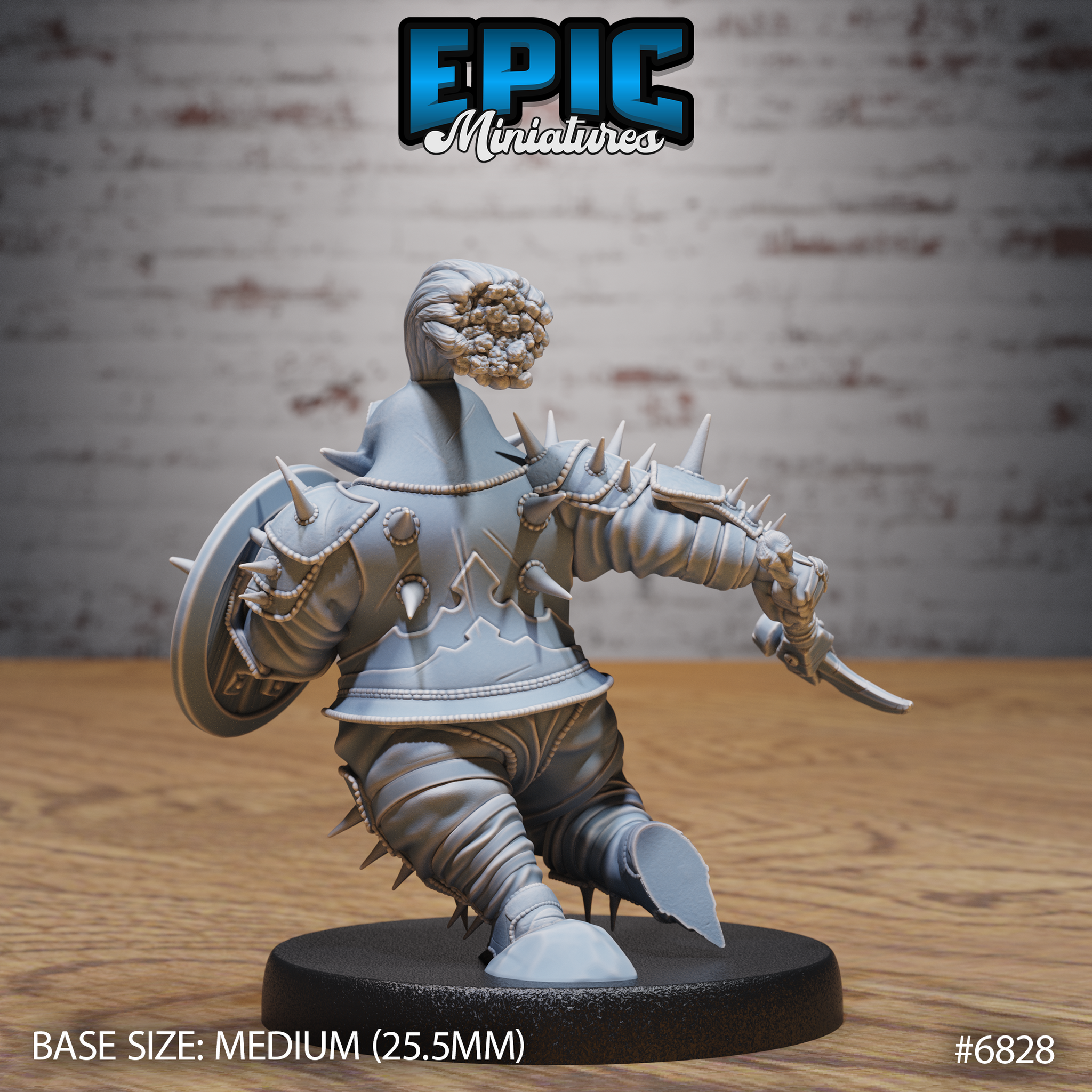 Spiked warrior seen from behind mid-charge, showing layered pauldrons, riveted back plates, coiled armour sections, and spiked greaves. Wild braided topknot visible from this angle. Sculpt by Epic Miniatures.