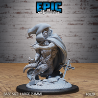 Shoggoth Monk by Epic Miniatures — hunched aberrant figure with cloak swept back, reaching forward with multi-jointed clawed arms, cyclopean eye visible in ridged face, crouching on rubble base with fallen sword. Large 51mm base.