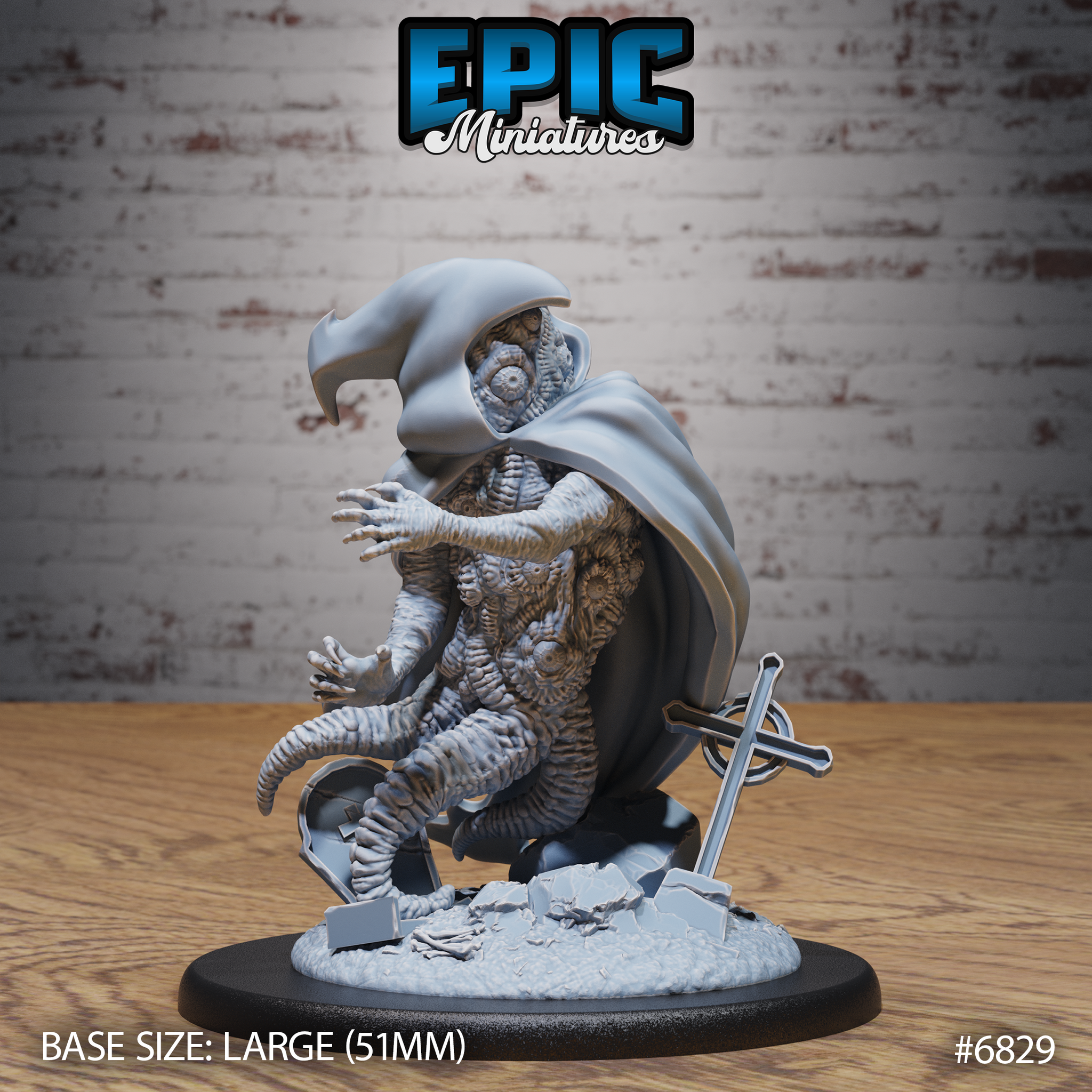 Shoggoth Monk by Epic Miniatures — hunched aberrant figure with cloak swept back, reaching forward with multi-jointed clawed arms, cyclopean eye visible in ridged face, crouching on rubble base with fallen sword. Large 51mm base.