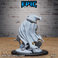 Shoggoth Monk by Epic Miniatures — rear view showing dramatically billowing cloak with torn lower edge, clawed limbs visible at sides, crouching stance over shattered masonry base with toppled cross-hilted sword. Large 51mm base.