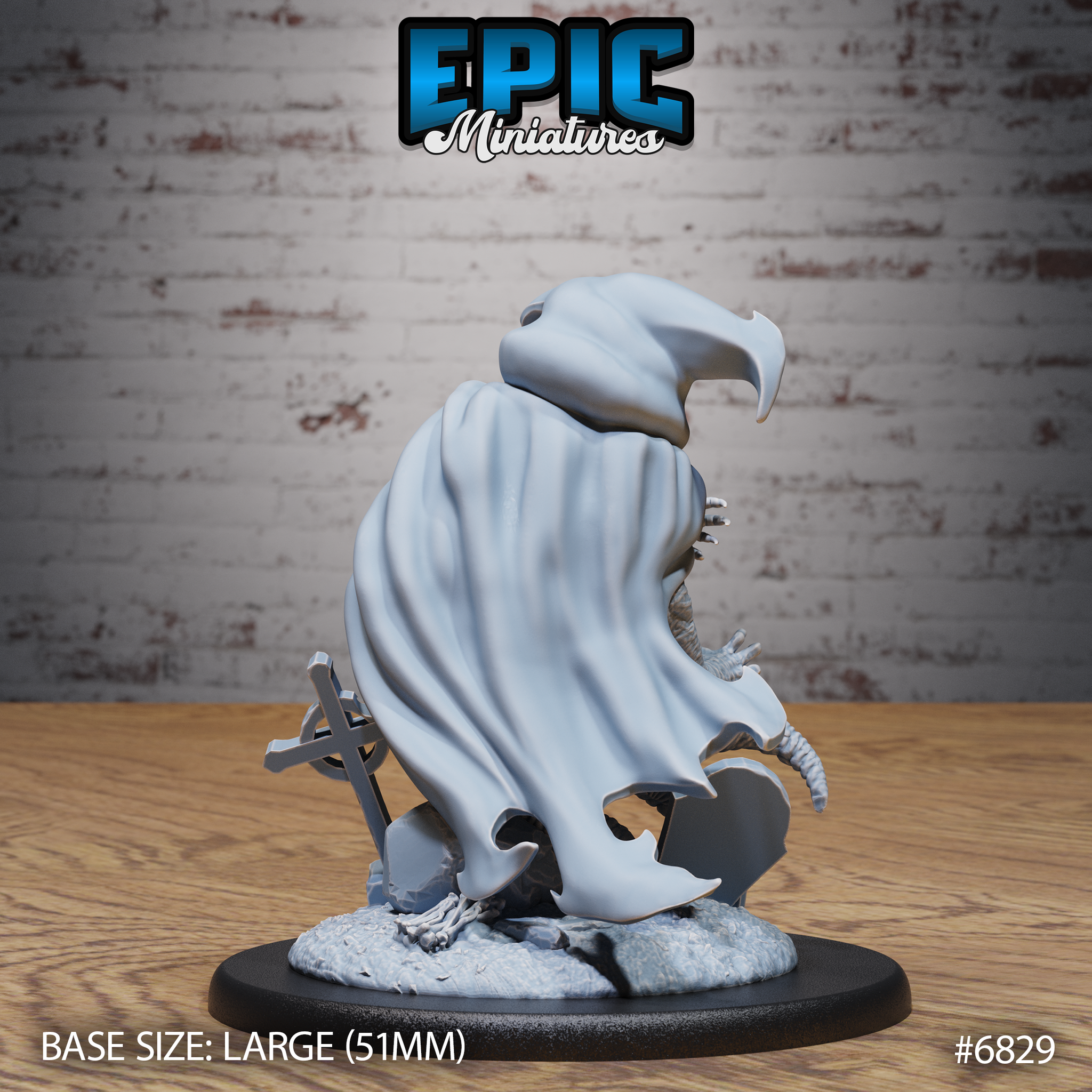 Shoggoth Monk by Epic Miniatures — rear view showing dramatically billowing cloak with torn lower edge, clawed limbs visible at sides, crouching stance over shattered masonry base with toppled cross-hilted sword. Large 51mm base.