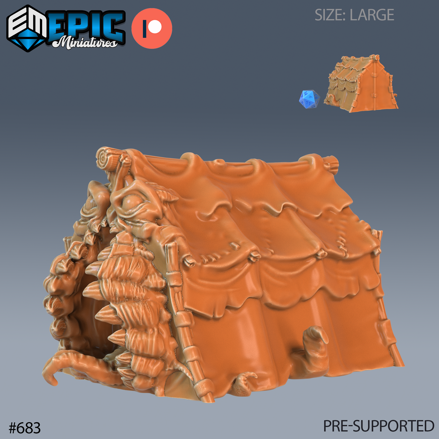 Digital render of the Mimic Tent miniature by Epic Miniatures — a large-scale resin terrain piece sculpted to resemble a canvas tent with a cyclopean eye, hooked tongue, and rows of spines, shown unpainted in orange with a scale d20 for size reference