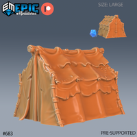 Digital render of a large canvas ridge tent scatter terrain piece for D&D tabletop RPGs, showing layered scalloped roof panels, rope ties, and wooden pole details, with a d20 scale reference, rendered in warm orange and tan tones