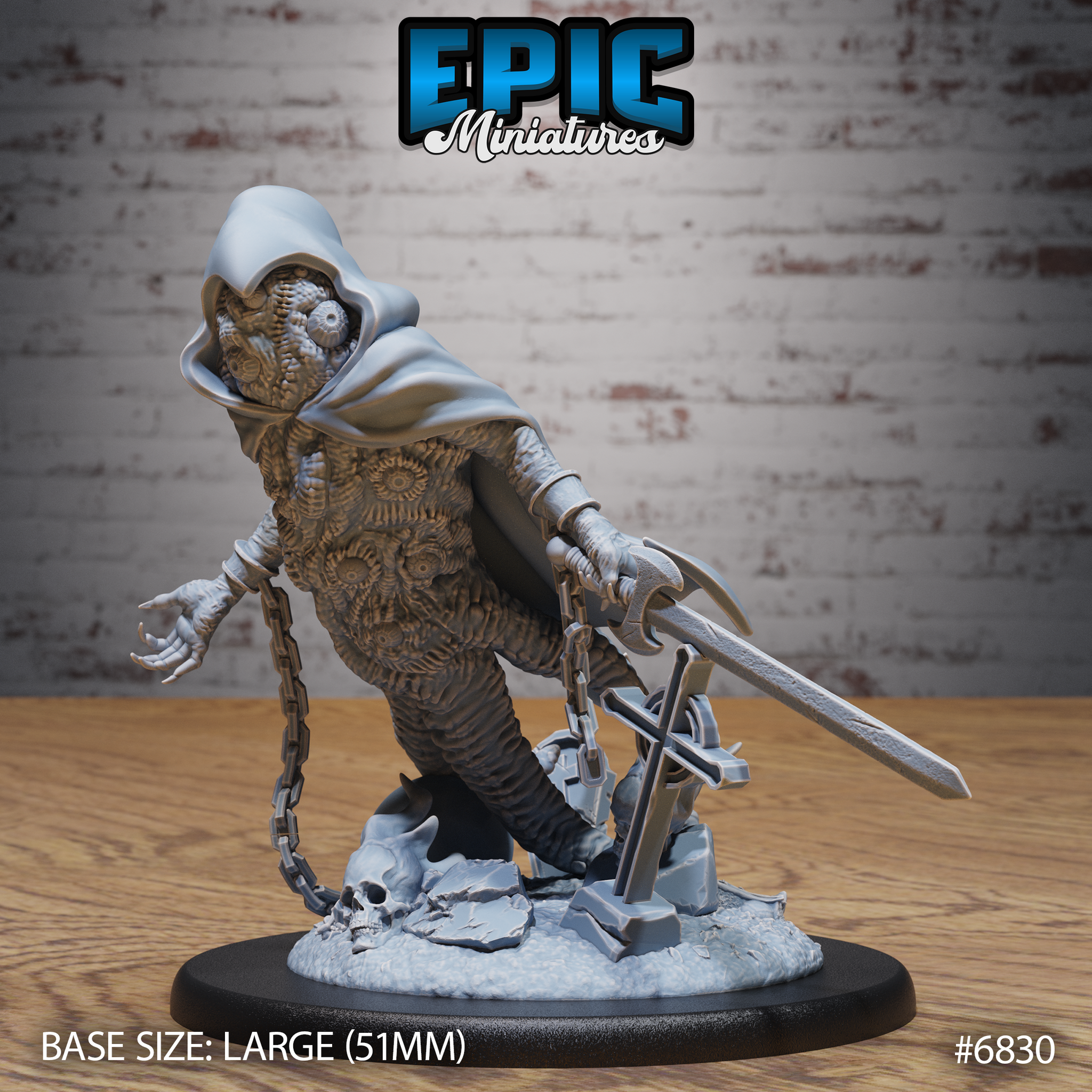 Hooded shoggoth creature leaning forward with a longsword extended, clawed hand raised, body covered in clustered eye-like forms, chain at wrist, graveyard debris base with skull and broken cross. Sculpt by Epic Miniatures.