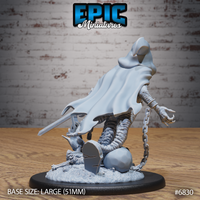 Shoggoth monk with billowing cloak from behind, elongated clawed arm outstretched, chain hanging from wrist, standing over a shattered grave marker and rounded stone on a debris-strewn base. Sculpt by Epic Miniatures.
