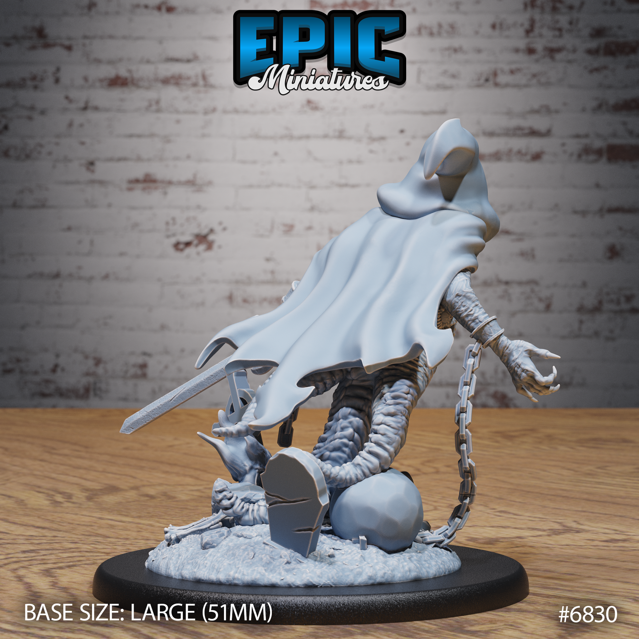 Shoggoth monk with billowing cloak from behind, elongated clawed arm outstretched, chain hanging from wrist, standing over a shattered grave marker and rounded stone on a debris-strewn base. Sculpt by Epic Miniatures.