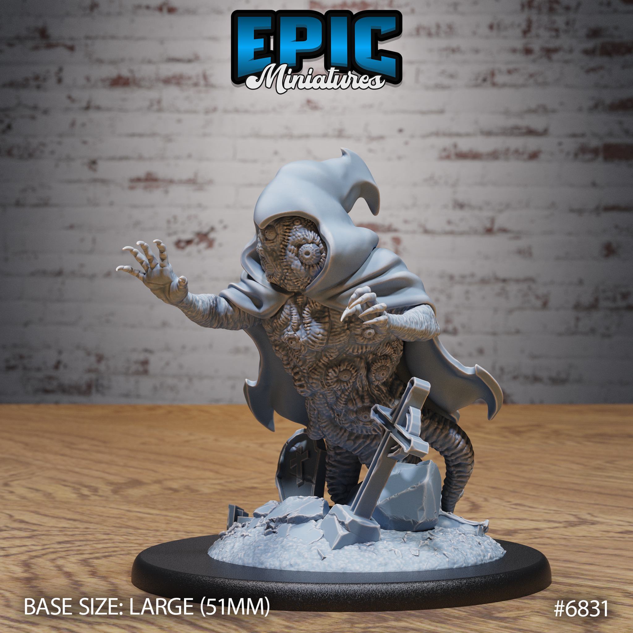 Hooded aberrant creature with a torso covered in concentric ring-patterned eyes, one clawed hand raised outward and the other gripping its cloak, coiling tentacle legs resting on a broken gravestone scenic base. Sculpt by Epic Miniatures.