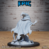 Rear view of a hooded aberrant figure in a sweeping cloak, one clawed hand extended to the side, thick segmented tentacles visible beneath the hem coiling over scattered grave marker rubble. Sculpt by Epic Miniatures.