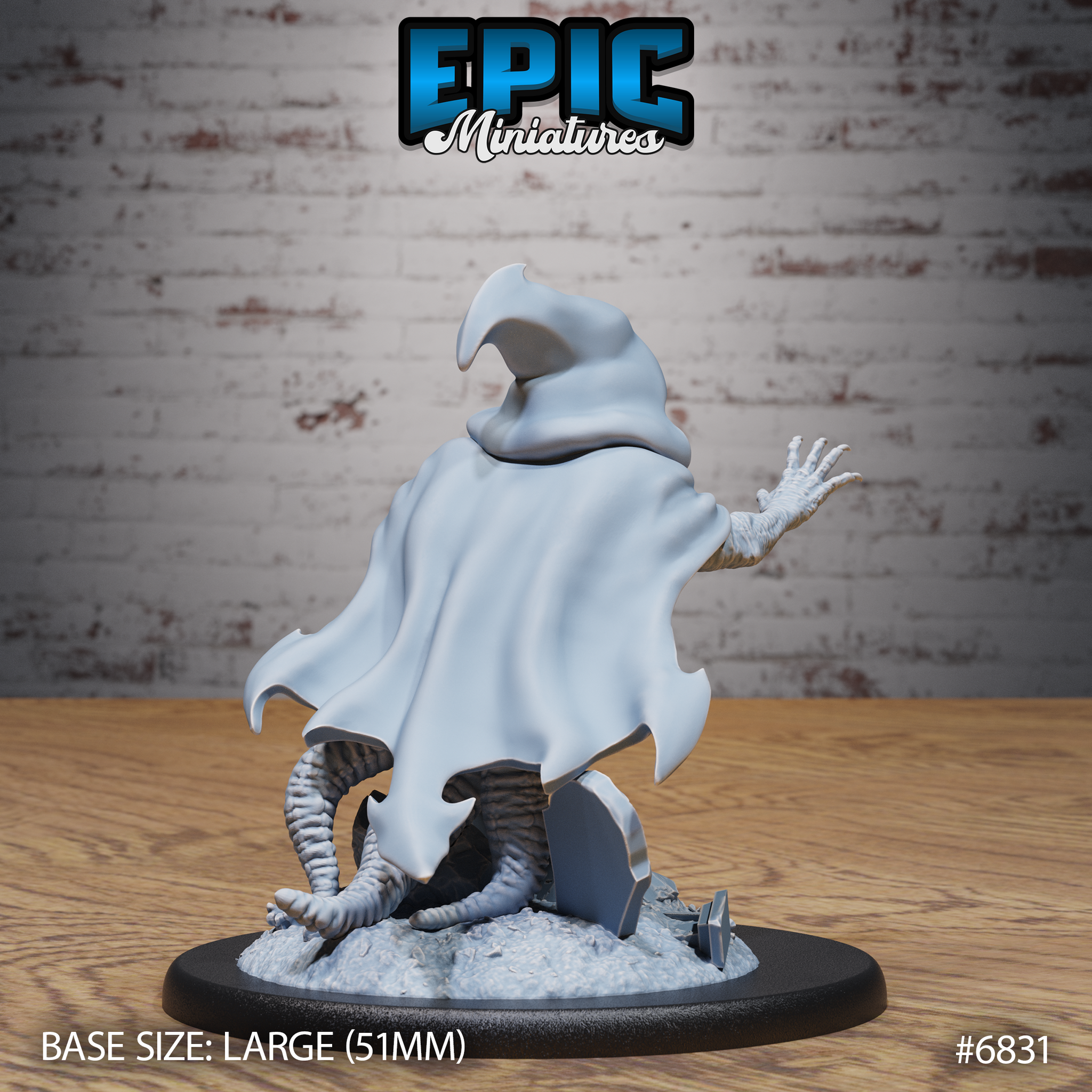 Rear view of a hooded aberrant figure in a sweeping cloak, one clawed hand extended to the side, thick segmented tentacles visible beneath the hem coiling over scattered grave marker rubble. Sculpt by Epic Miniatures.
