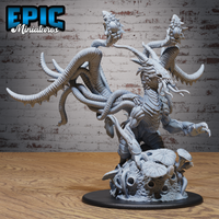 Eldritch Void Dragon by Epic Miniatures — towering chitinous creature with multiple ridged tentacles tipped with bulbous growths, fanged mandible maw, rearing over a fungal skull-strewn base.