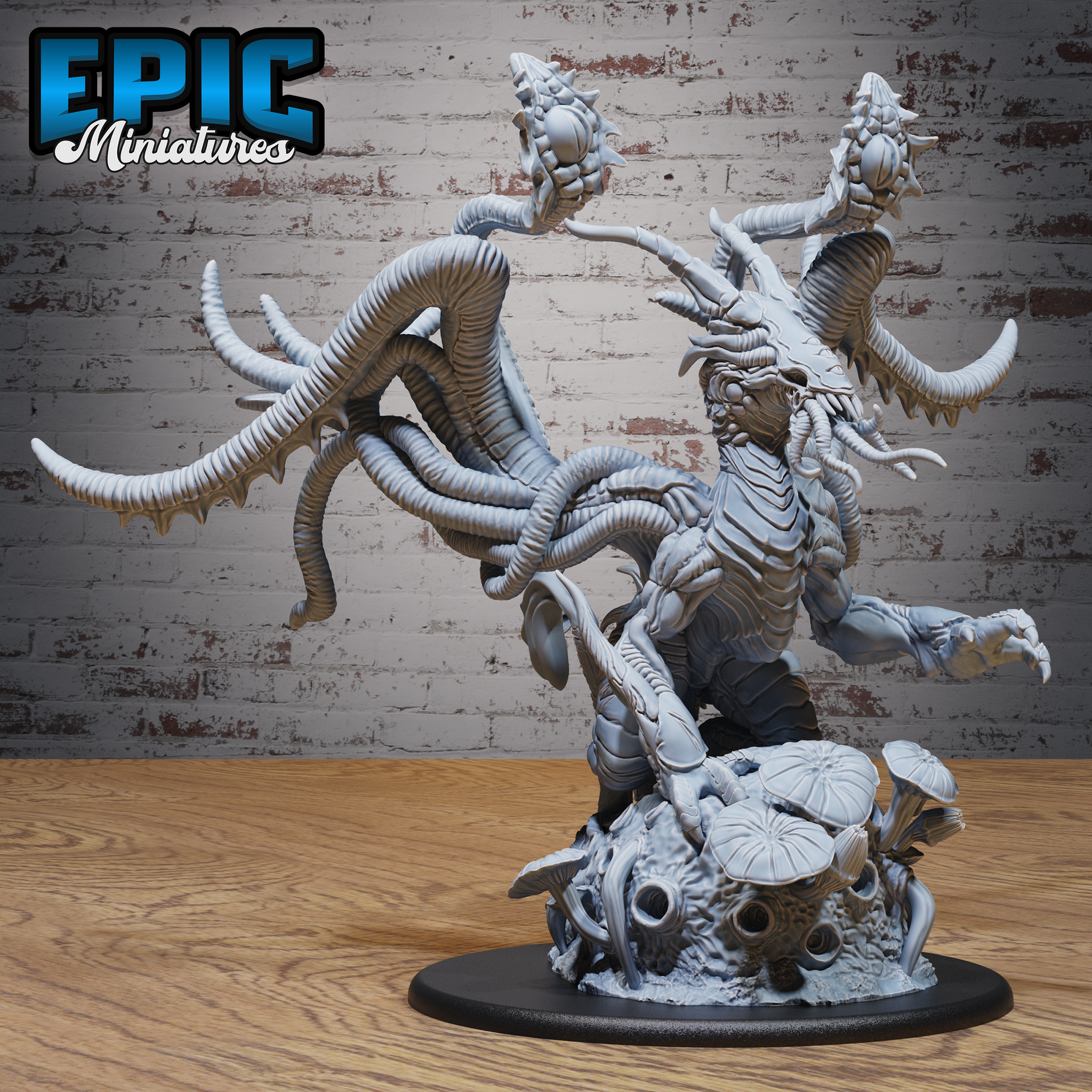 Eldritch Void Dragon by Epic Miniatures — towering chitinous creature with multiple ridged tentacles tipped with bulbous growths, fanged mandible maw, rearing over a fungal skull-strewn base.