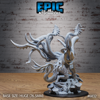 Eldritch Void Dragon by Epic Miniatures — rear view revealing the full vertical spread of whipping tentacles and feathered spine-like protrusions, mounted on a 76.5mm Huge base with detailed fungal and bone scatter elements.