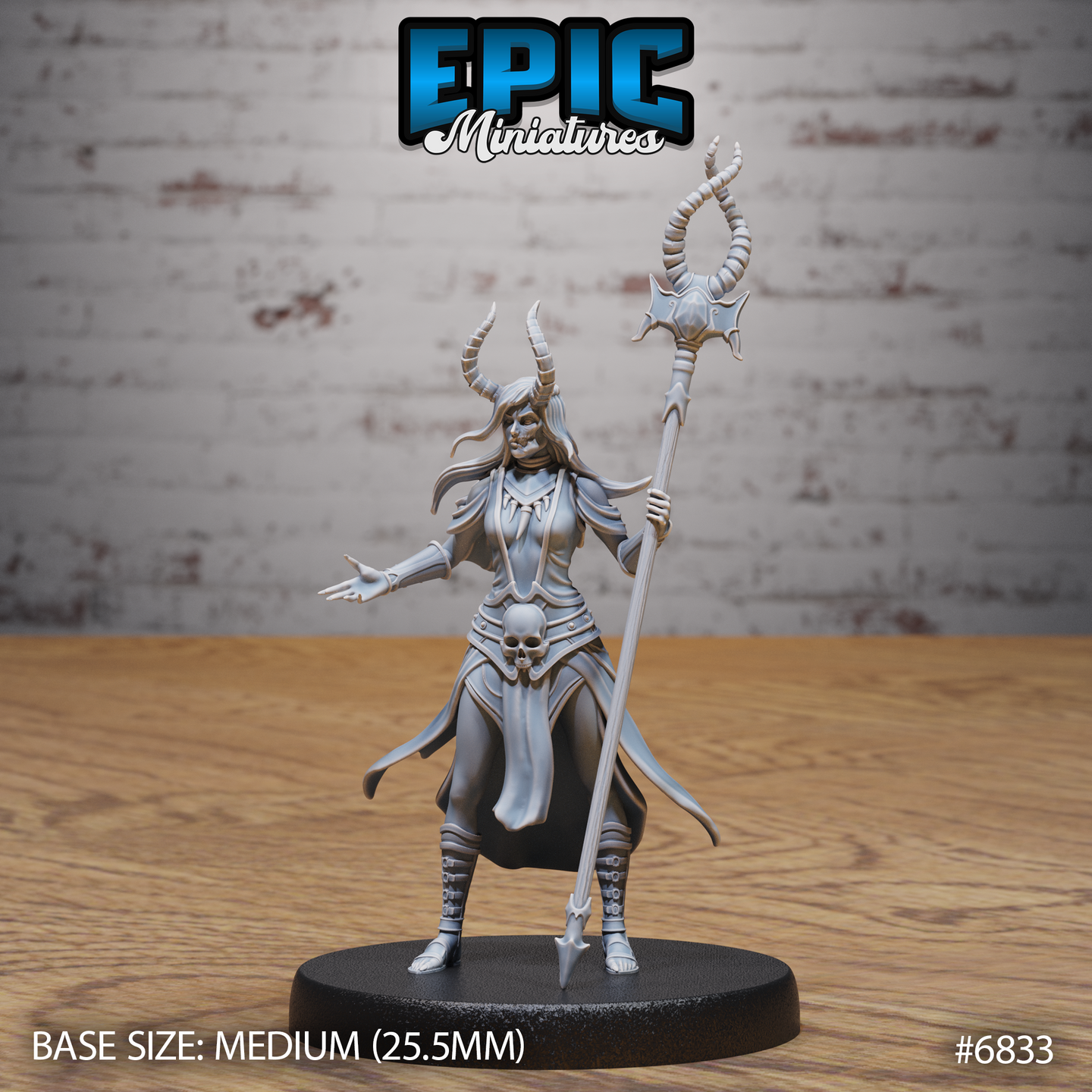 Horned female avatar miniature standing upright, holding a tall staff crowned with twin spiral horns and a spiked crossguard, one arm outstretched with splayed fingers. Robes and cloak billow around her, skull clasp visible at the waist. Sculpt by Epic Miniatures.