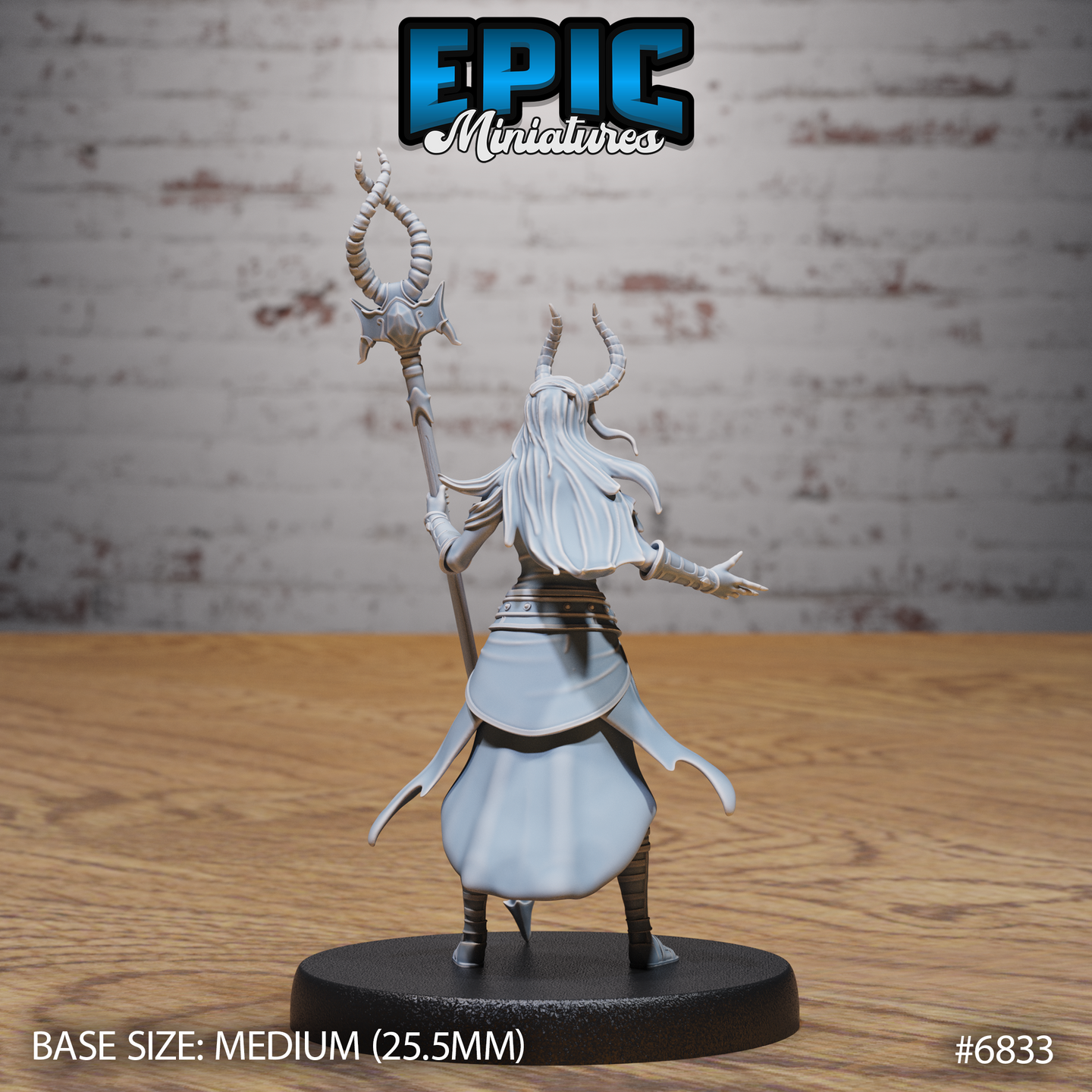 Rear view of the same horned female avatar miniature — long flowing hair cascades down her back, layered robes and split cloak shown in detail. Staff with ornate spiked crossguard gripped in one raised hand, opposite arm extended behind her. Sculpt by Epic Miniatures.