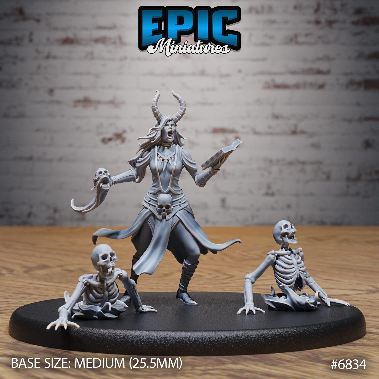Horned female avatar figure striding forward, holding an open tome and raising a skull, flanked by two crawling skeletons mid-rise. Sculpt by Epic Miniatures.