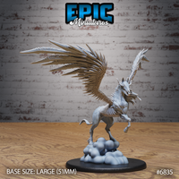 Skeletal winged horse rearing up on its hind legs, ribcage fully exposed, skull-like head raised high, enormous feathered wings spread wide, mounted on a cloud-sculpted decorative base. Sculpt by Epic Miniatures.