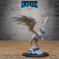 Skeletal winged horse in a rearing pose shown from a three-quarter angle, detailed feathered wings outstretched with individually sculpted primary feathers, hollow skull face visible, cloud formation base below. Sculpt by Epic Miniatures.