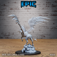 Helhest skeletal winged horse miniature by Epic Miniatures, rearing pose with exposed ribcage, large spread wings with layered feather detail, mounted on a sculptural cloud base with a 51mm round base.