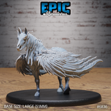 Helhest by Epic Miniatures — skeletal-faced feathered death horse, skull grinning open-mouthed, long cascading feather mane sweeping to one side, on a large 51mm plain round base.
