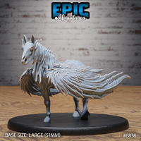 Helhest by Epic Miniatures — skeletal-faced feathered death horse, skull grinning open-mouthed, long cascading feather mane sweeping to one side, on a large 51mm plain round base.