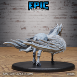 Helhest by Epic Miniatures — rear view showing broad layered wing-like feather plumage along the back and haunches, spine ridged with bony protrusions, head thrown upward with skull face exposed.