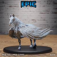 Helhest by Epic Miniatures — three-quarter view showing the full profile of the feathered horse body, skull head with upright ear tines, overlapping quill feathers flowing from neck to tail, dark cloven hooves.