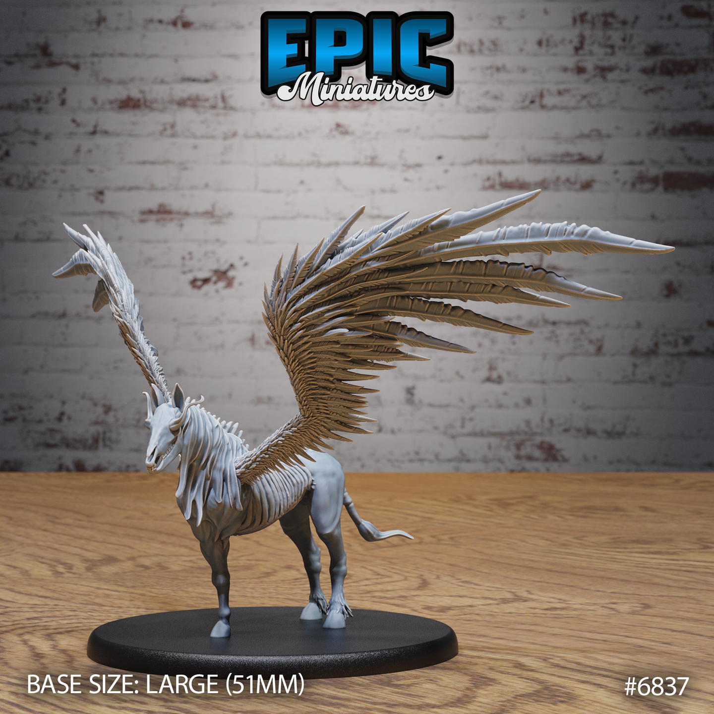 Undead winged horse miniature with exposed ribcage and spine, elongated horned skull thrown back, large feathered wings spread wide, lower body retaining fleshed equine legs. Sculpt by Epic Miniatures.