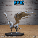 Undead winged horse miniature with exposed ribcage and spine, elongated horned skull thrown back, large feathered wings spread wide, lower body retaining fleshed equine legs. Sculpt by Epic Miniatures.
