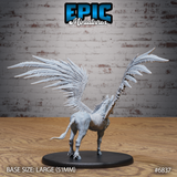 Rear view of undead winged horse miniature showing full wingspan raised high, skeletal spine and ribs running the length of the torso, long tail trailing downward, mounted on a large oval base. Sculpt by Epic Miniatures.
