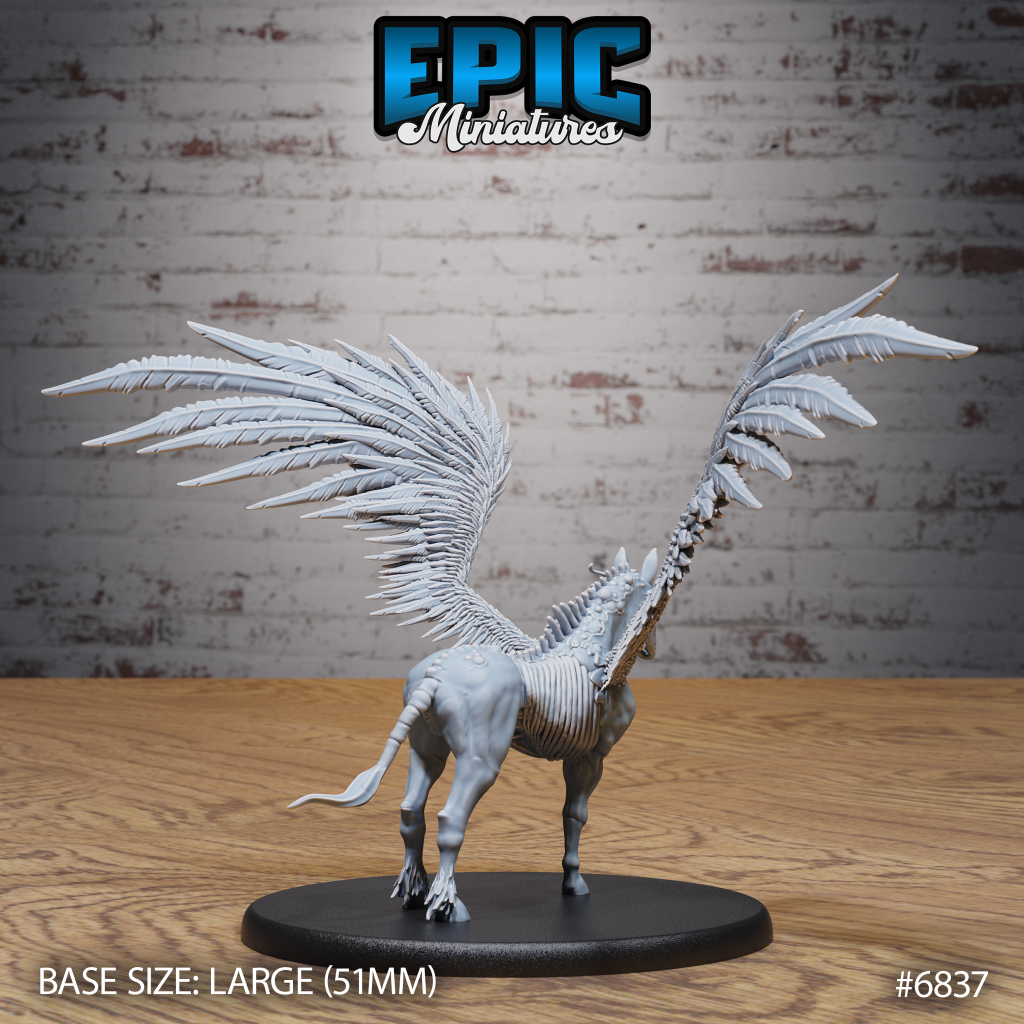 Rear view of undead winged horse miniature showing full wingspan raised high, skeletal spine and ribs running the length of the torso, long tail trailing downward, mounted on a large oval base. Sculpt by Epic Miniatures.