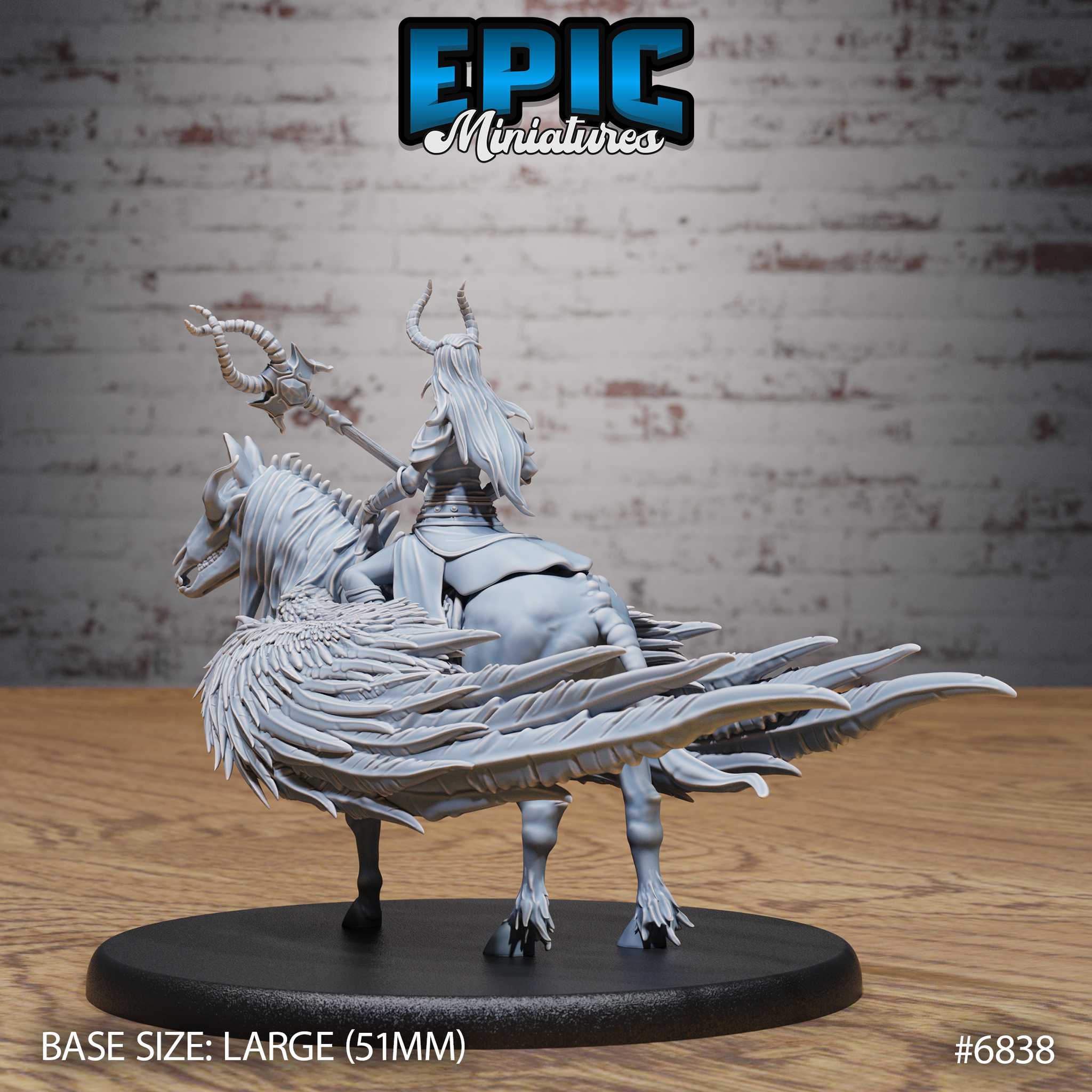 Rear view of a horned armoured sorceress seated on a long-maned beast with a gaping jaw and cascading feathered tail, her carved staff raised at her side, long hair falling across armoured pauldrons. Sculpt by Epic Miniatures.