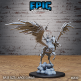 Horned female warrior-shaman riding a rearing winged bull, spear raised overhead with mouth open in a battle cry, enormous feathered wings spread wide, mounted on a sculpted cloud base. Sculpt by Epic Miniatures.