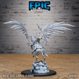Winged bull rearing with feathered wings fully extended upward, horned rider visible from behind holding a long twisted spear aloft, armoured torso and layered robes detailed, cloud formation base beneath. Sculpt by Epic Miniatures.